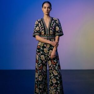 Farm Rio size XXS Floral Embroidered Black Wide-Leg Jumpsuit New with Tags